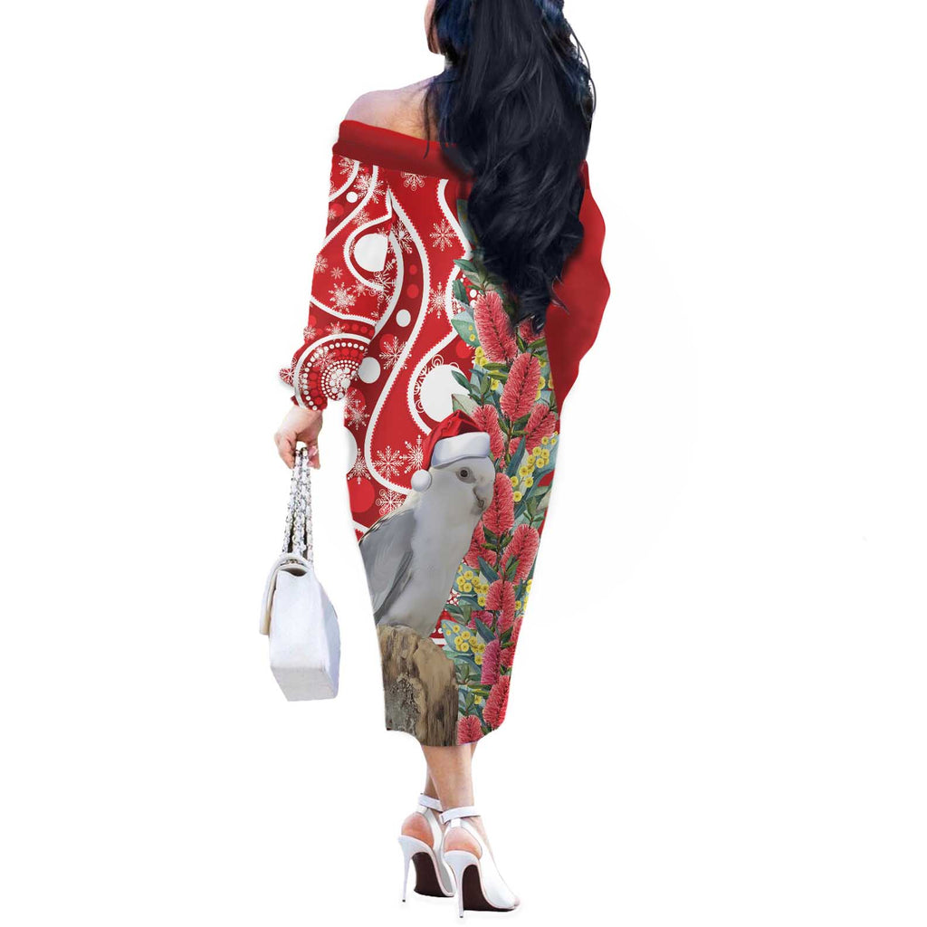 Blue Galah Mutation Christmas Australia Off The Shoulder Long Sleeve Dress Falalalala Galalah Bottlebrush Red Aboriginal Art - Aussie Hoodie