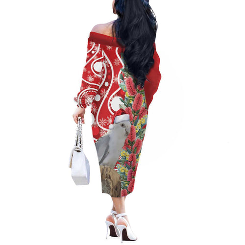 Blue Galah Mutation Christmas Australia Off The Shoulder Long Sleeve Dress Falalalala Galalah Bottlebrush Red Aboriginal Art - Aussie Hoodie