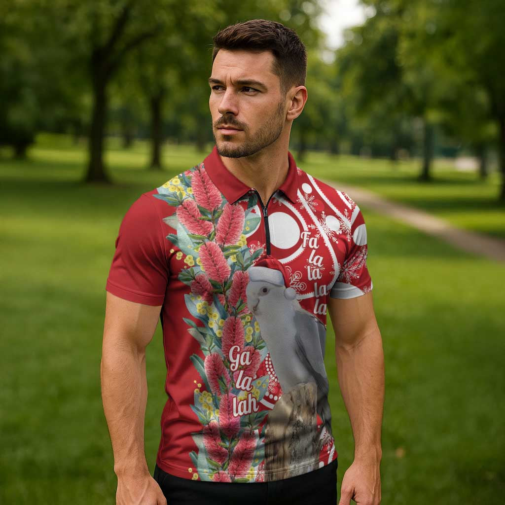 Blue Galah Mutation Christmas Australia Zipper Polo Shirt Falalalala Galalah Bottlebrush Red Aboriginal Art - Aussie Hoodie