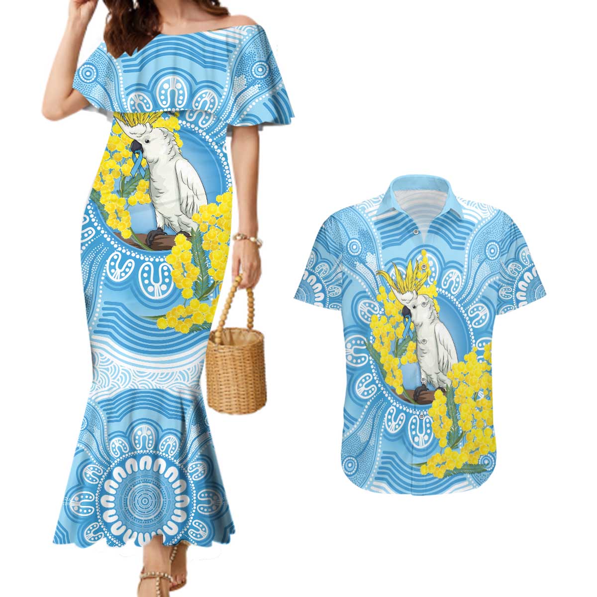 World Diabetes Day Australia Couples Matching Mermaid Dress and Hawaiian Shirt Yellow-crested Cockatoo Golden Wattle Aboriginal - Aussie Hoodie