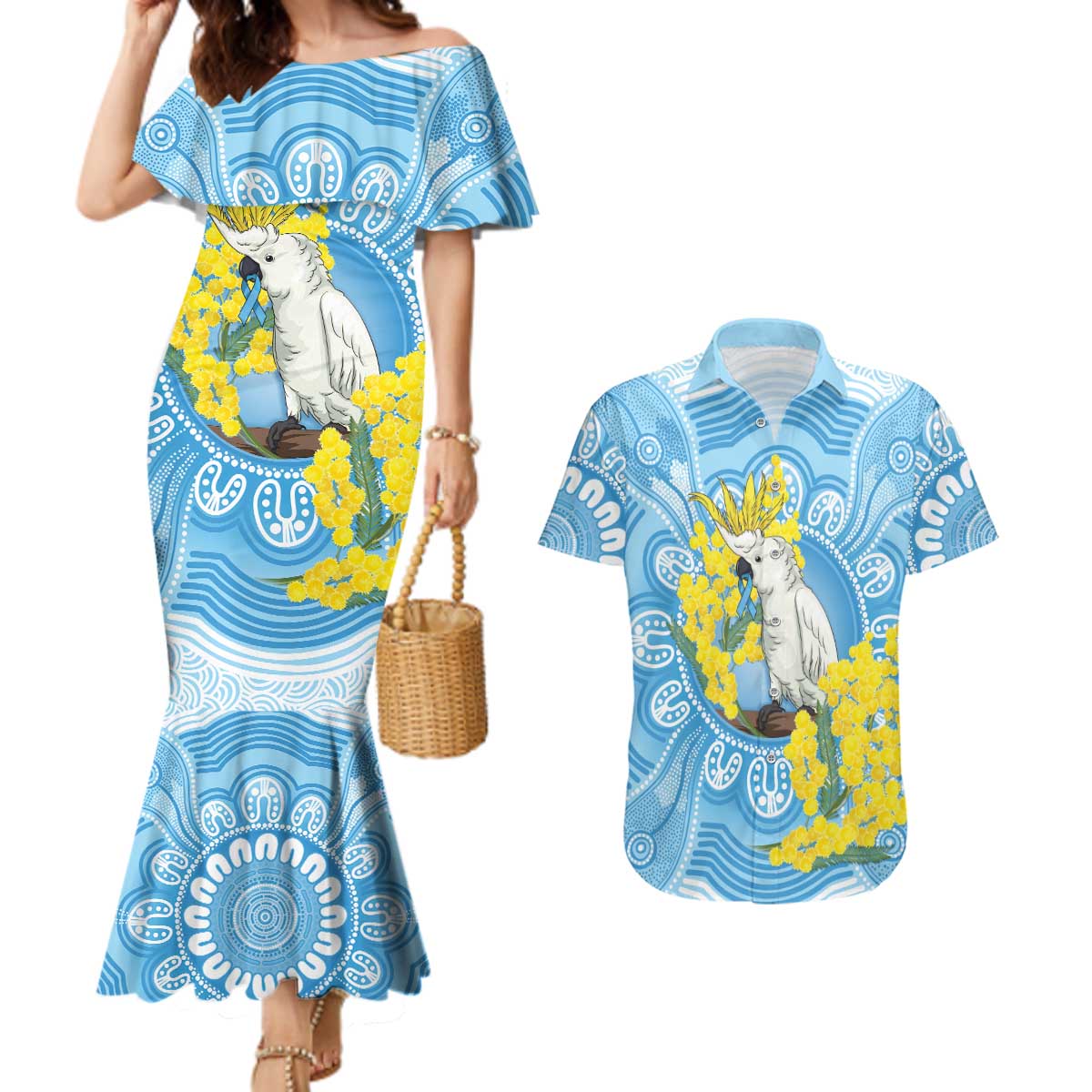 World Diabetes Day Australia Couples Matching Mermaid Dress and Hawaiian Shirt Yellow-crested Cockatoo Golden Wattle Aboriginal - Aussie Hoodie