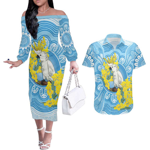 World Diabetes Day Australia Couples Matching Off The Shoulder Long Sleeve Dress and Hawaiian Shirt Yellow-crested Cockatoo Golden Wattle Aboriginal - Aussie Hoodie