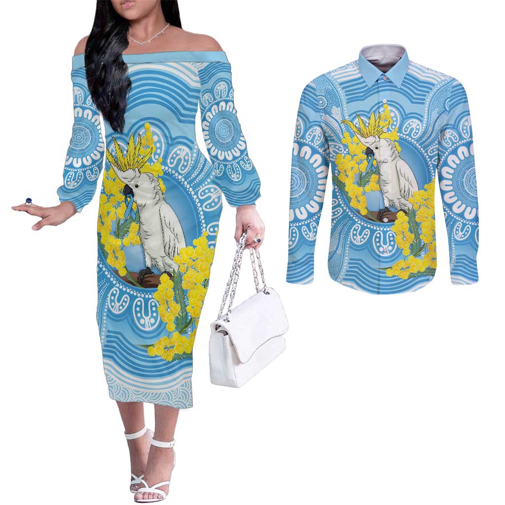 World Diabetes Day Australia Couples Matching Off The Shoulder Long Sleeve Dress and Long Sleeve Button Shirt Yellow-crested Cockatoo Golden Wattle Aboriginal - Aussie Hoodie
