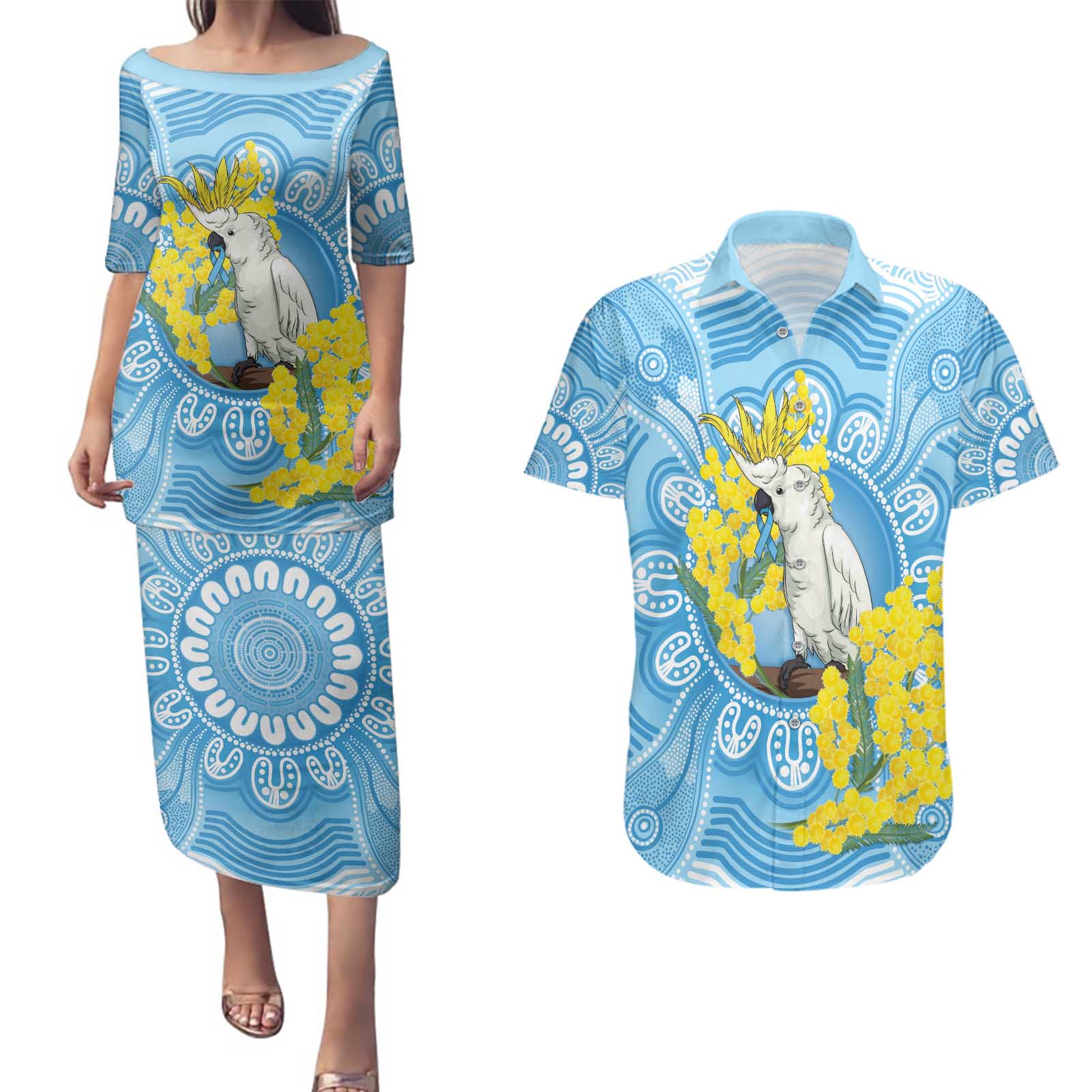 World Diabetes Day Australia Couples Matching Puletasi and Hawaiian Shirt Yellow-crested Cockatoo Golden Wattle Aboriginal - Aussie Hoodie