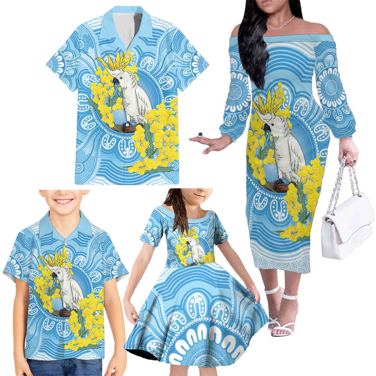 World Diabetes Day Australia Family Matching Off The Shoulder Long Sleeve Dress and Hawaiian Shirt Yellow-crested Cockatoo Golden Wattle Aboriginal - Aussie Hoodie