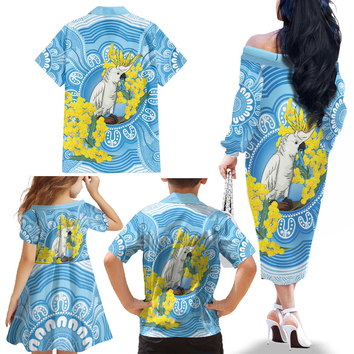 World Diabetes Day Australia Family Matching Off The Shoulder Long Sleeve Dress and Hawaiian Shirt Yellow-crested Cockatoo Golden Wattle Aboriginal - Aussie Hoodie