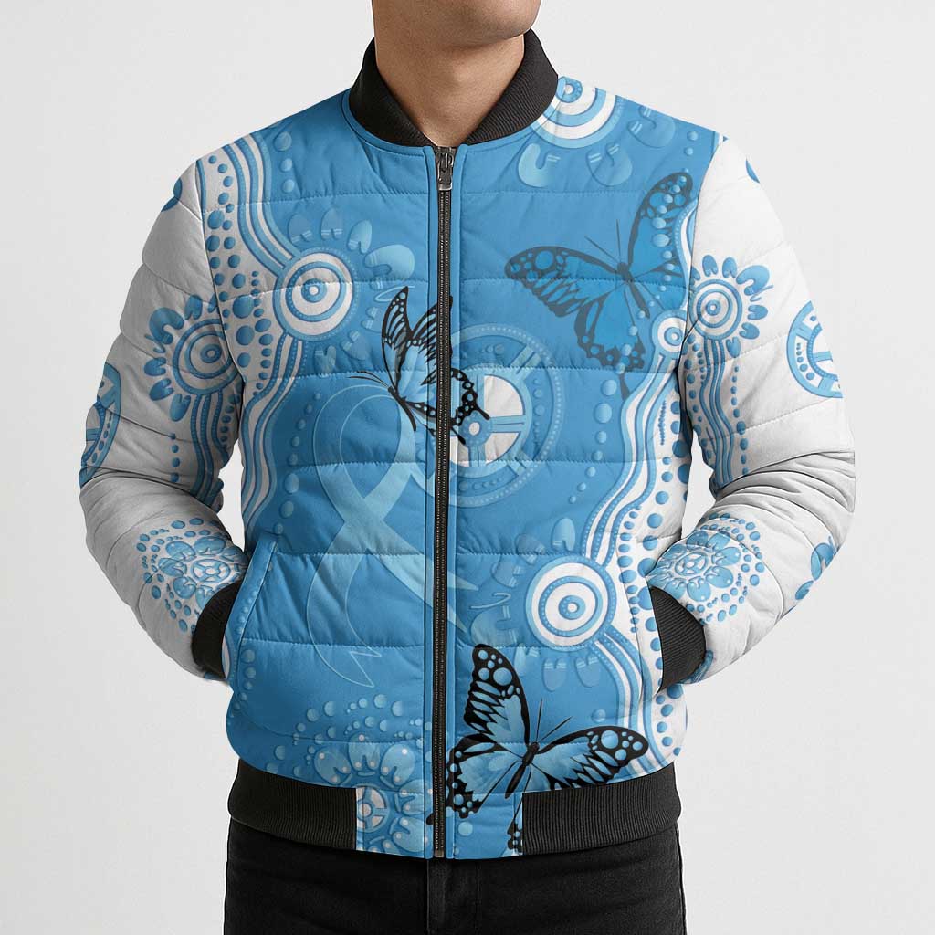 World Diabetes Day Australia Bomber Puffer Jacket Blue Ribbon Butterfly Aboriginal Art - Aussie Hoodie