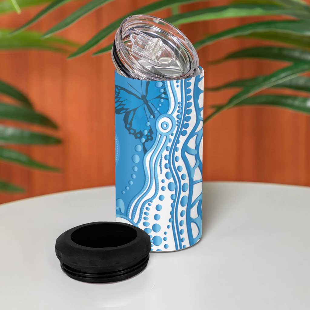 World Diabetes Day Australia 4 in 1 Can Cooler Tumbler Blue Ribbon Butterfly Aboriginal Art - Aussie Hoodie