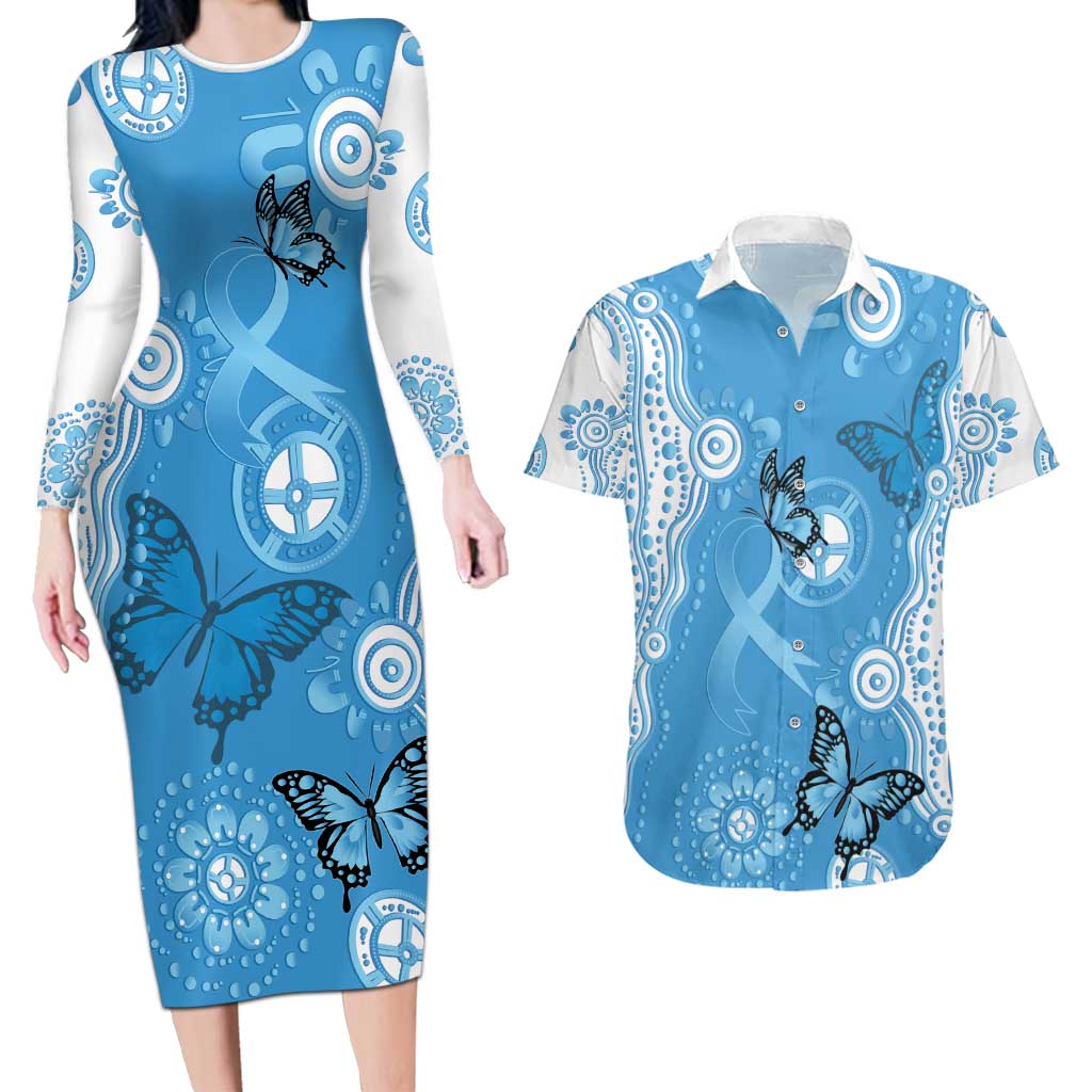 World Diabetes Day Australia Couples Matching Long Sleeve Bodycon Dress and Hawaiian Shirt Blue Ribbon Butterfly Aboriginal Art - Aussie Hoodie