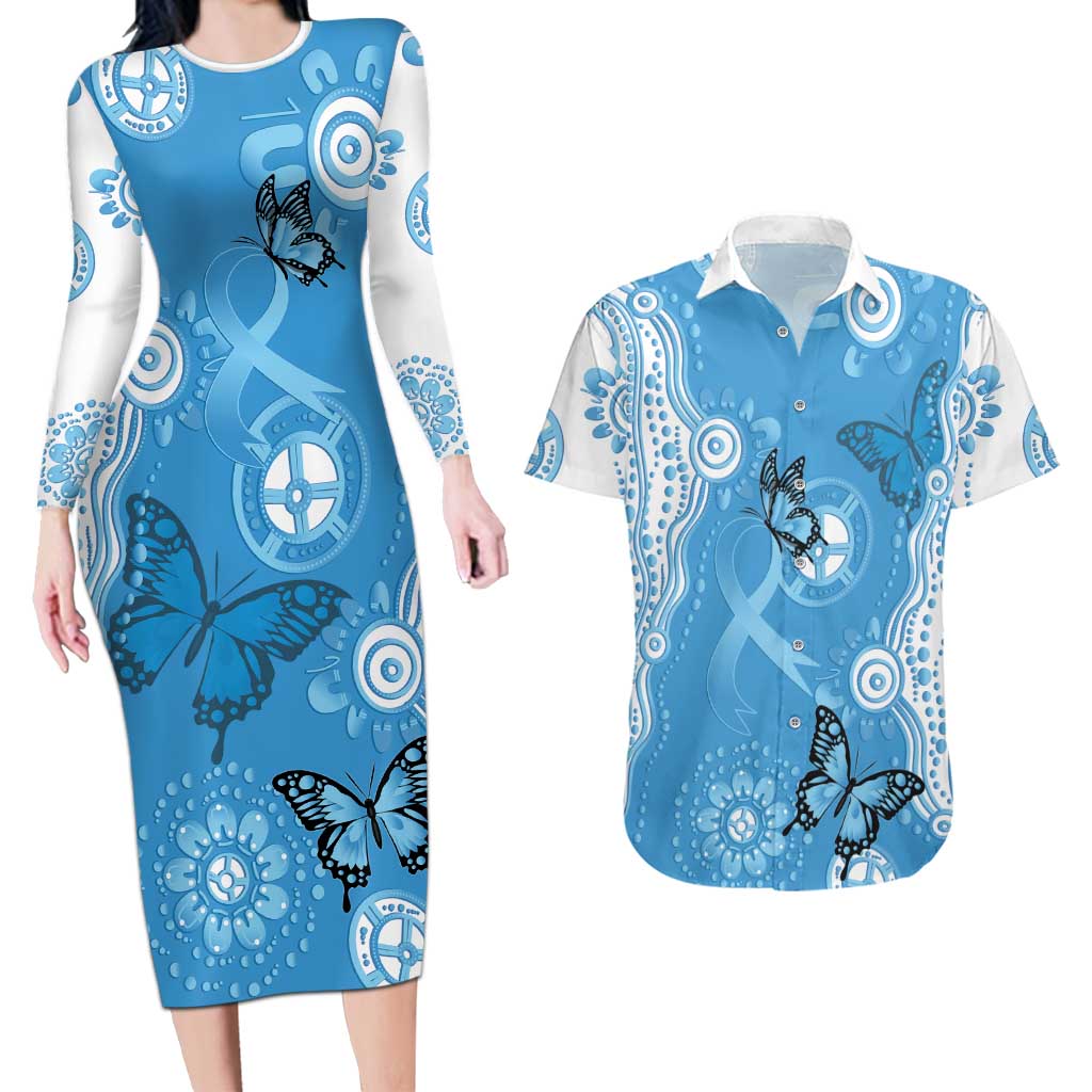 World Diabetes Day Australia Couples Matching Long Sleeve Bodycon Dress and Hawaiian Shirt Blue Ribbon Butterfly Aboriginal Art - Aussie Hoodie