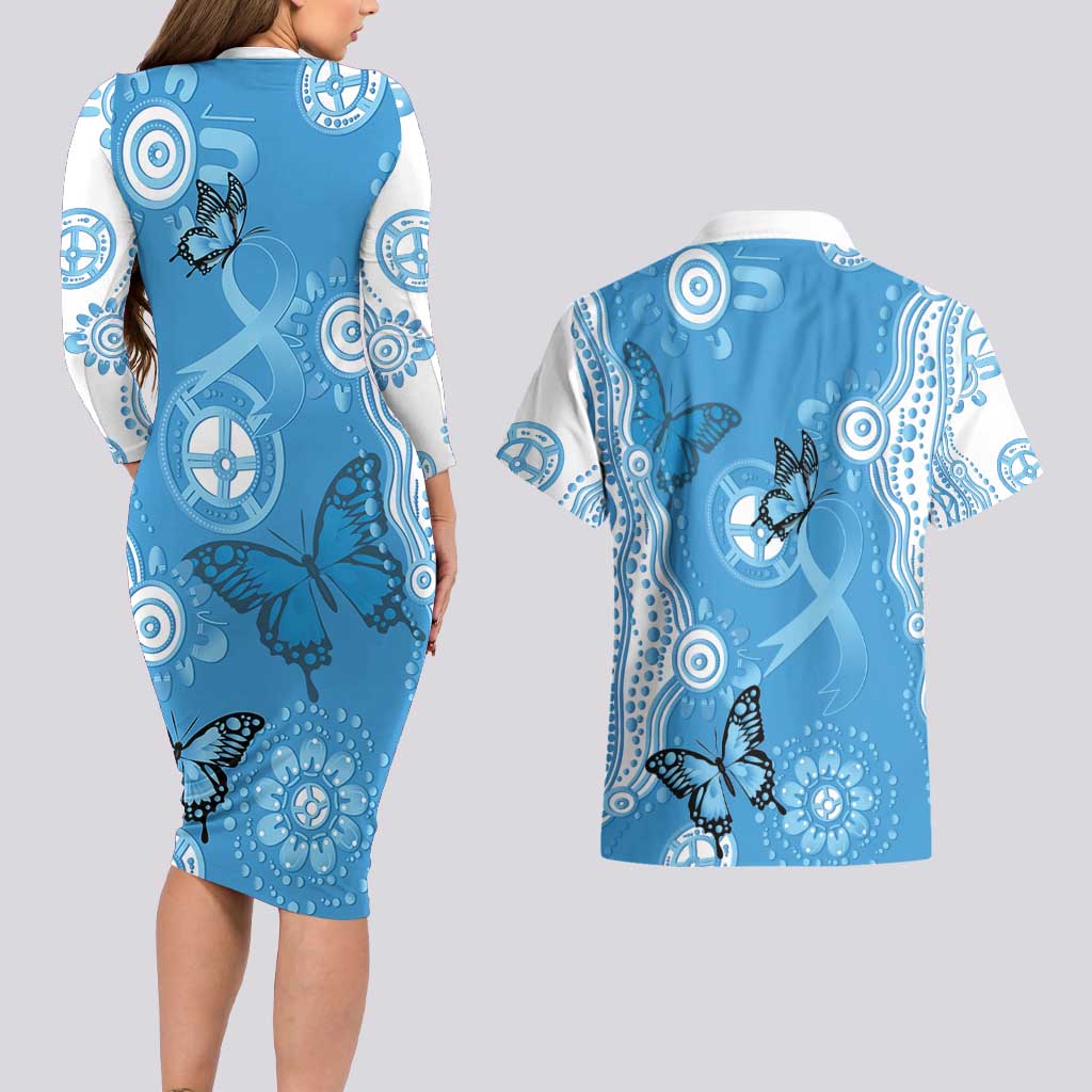 World Diabetes Day Australia Couples Matching Long Sleeve Bodycon Dress and Hawaiian Shirt Blue Ribbon Butterfly Aboriginal Art - Aussie Hoodie