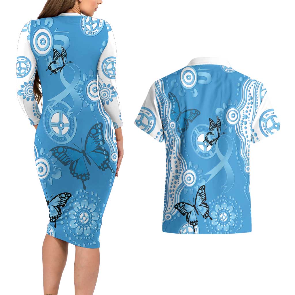 World Diabetes Day Australia Couples Matching Long Sleeve Bodycon Dress and Hawaiian Shirt Blue Ribbon Butterfly Aboriginal Art - Aussie Hoodie