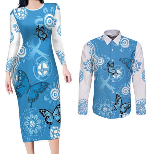 World Diabetes Day Australia Couples Matching Long Sleeve Bodycon Dress and Long Sleeve Button Shirt Blue Ribbon Butterfly Aboriginal Art - Aussie Hoodie