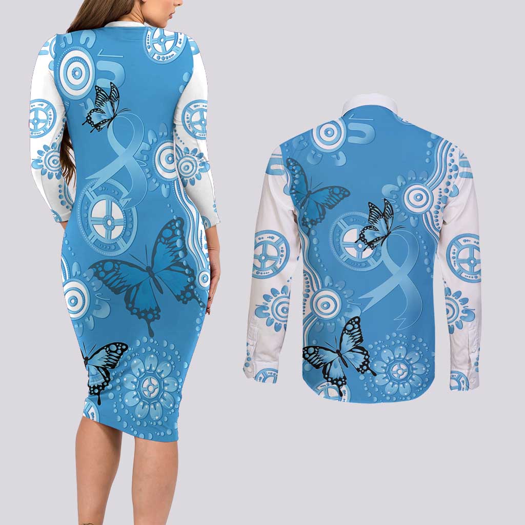 World Diabetes Day Australia Couples Matching Long Sleeve Bodycon Dress and Long Sleeve Button Shirt Blue Ribbon Butterfly Aboriginal Art - Aussie Hoodie
