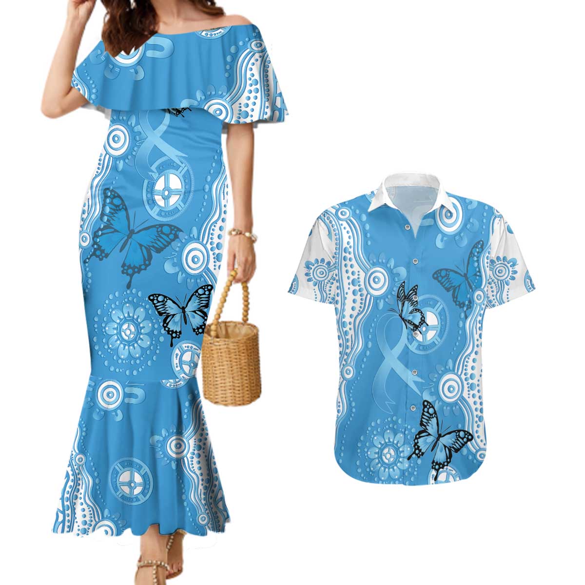 World Diabetes Day Australia Couples Matching Mermaid Dress and Hawaiian Shirt Blue Ribbon Butterfly Aboriginal Art - Aussie Hoodie