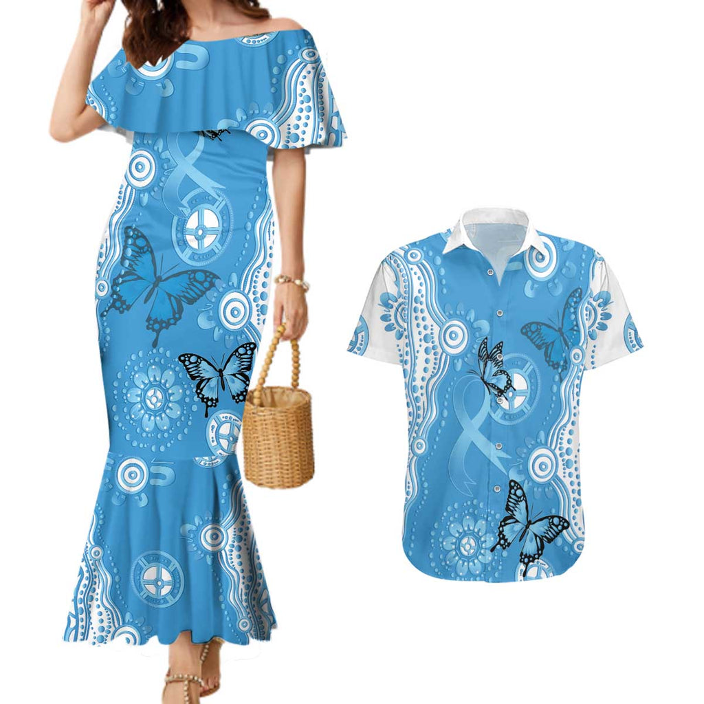 World Diabetes Day Australia Couples Matching Mermaid Dress and Hawaiian Shirt Blue Ribbon Butterfly Aboriginal Art - Aussie Hoodie
