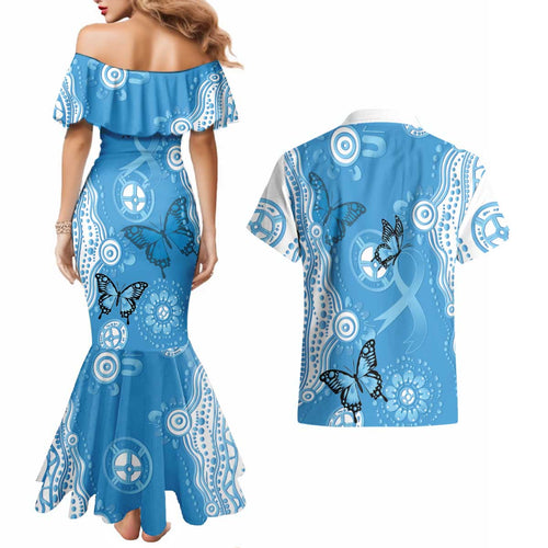 World Diabetes Day Australia Couples Matching Mermaid Dress and Hawaiian Shirt Blue Ribbon Butterfly Aboriginal Art - Aussie Hoodie