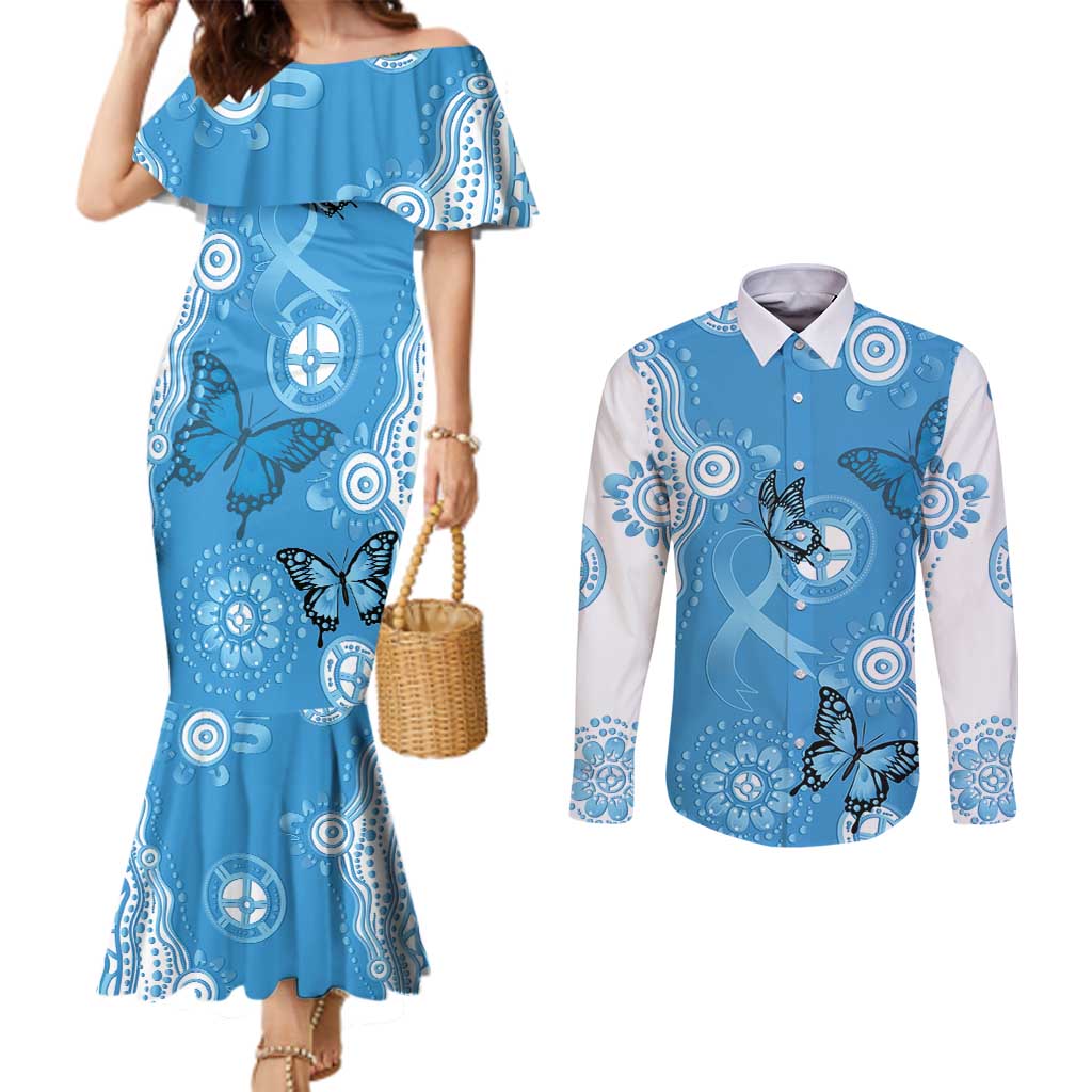 World Diabetes Day Australia Couples Matching Mermaid Dress and Long Sleeve Button Shirt Blue Ribbon Butterfly Aboriginal Art - Aussie Hoodie