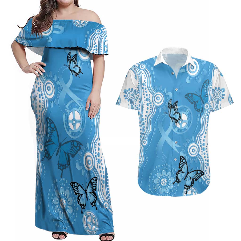 World Diabetes Day Australia Couples Matching Off Shoulder Maxi Dress and Hawaiian Shirt Blue Ribbon Butterfly Aboriginal Art - Aussie Hoodie