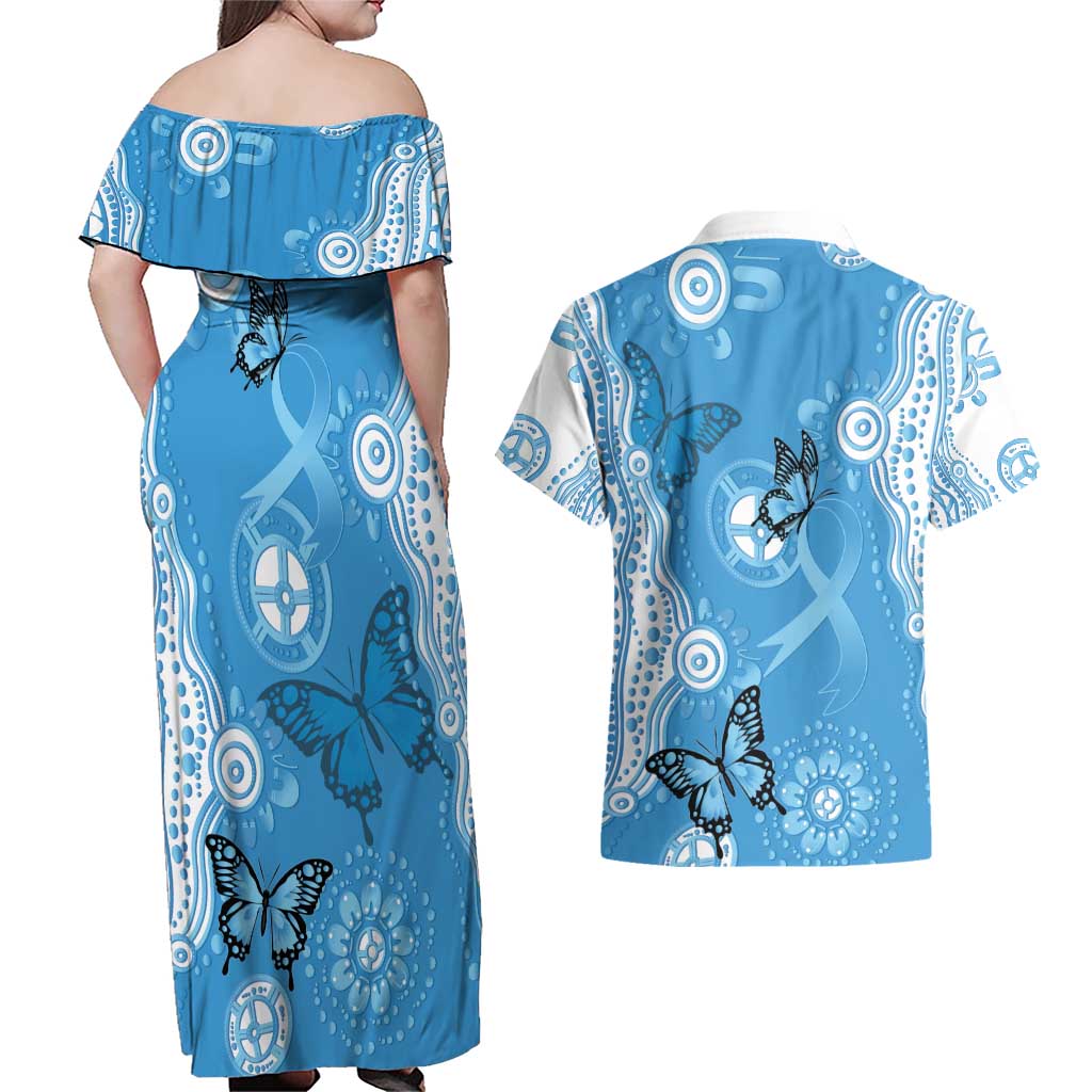 World Diabetes Day Australia Couples Matching Off Shoulder Maxi Dress and Hawaiian Shirt Blue Ribbon Butterfly Aboriginal Art - Aussie Hoodie