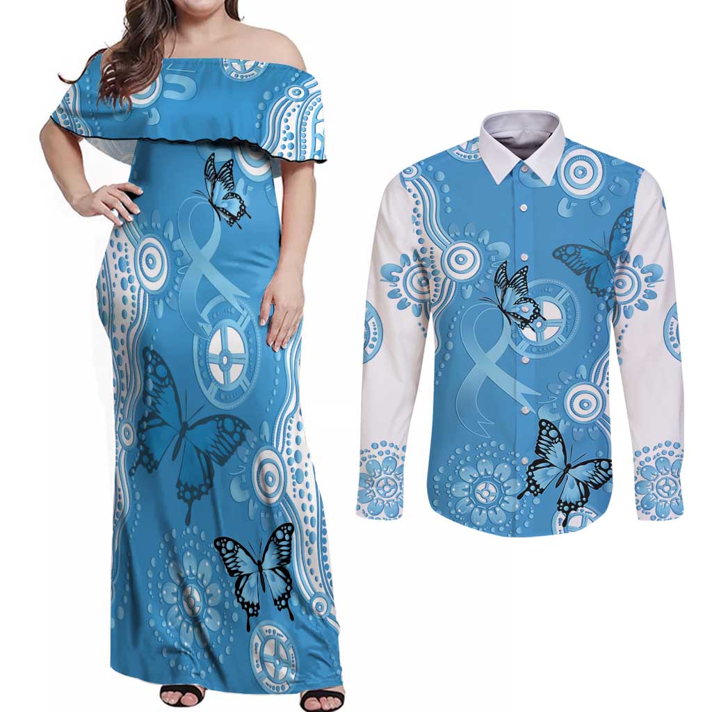 World Diabetes Day Australia Couples Matching Off Shoulder Maxi Dress and Long Sleeve Button Shirt Blue Ribbon Butterfly Aboriginal Art - Aussie Hoodie