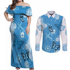 World Diabetes Day Australia Couples Matching Off Shoulder Maxi Dress and Long Sleeve Button Shirt Blue Ribbon Butterfly Aboriginal Art - Aussie Hoodie