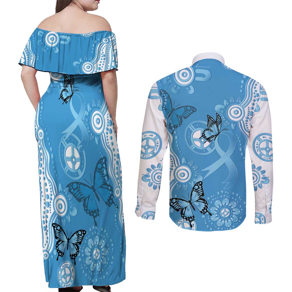 World Diabetes Day Australia Couples Matching Off Shoulder Maxi Dress and Long Sleeve Button Shirt Blue Ribbon Butterfly Aboriginal Art - Aussie Hoodie