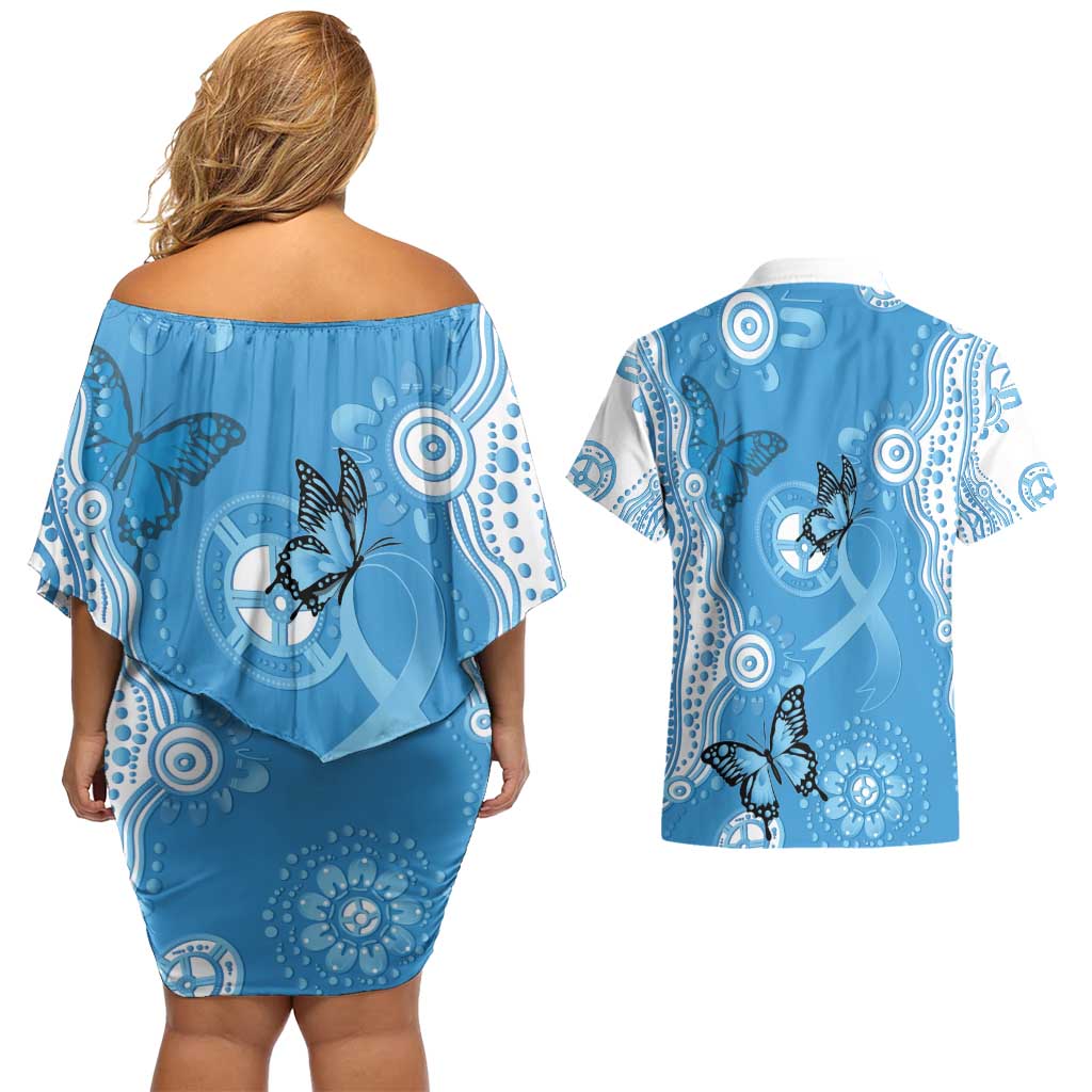 World Diabetes Day Australia Couples Matching Off Shoulder Short Dress and Hawaiian Shirt Blue Ribbon Butterfly Aboriginal Art - Aussie Hoodie
