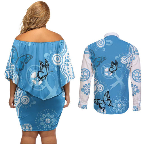 World Diabetes Day Australia Couples Matching Off Shoulder Short Dress and Long Sleeve Button Shirt Blue Ribbon Butterfly Aboriginal Art - Aussie Hoodie