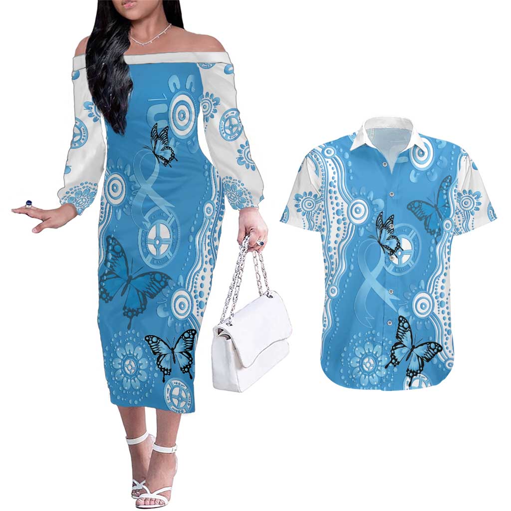 World Diabetes Day Australia Couples Matching Off The Shoulder Long Sleeve Dress and Hawaiian Shirt Blue Ribbon Butterfly Aboriginal Art - Aussie Hoodie