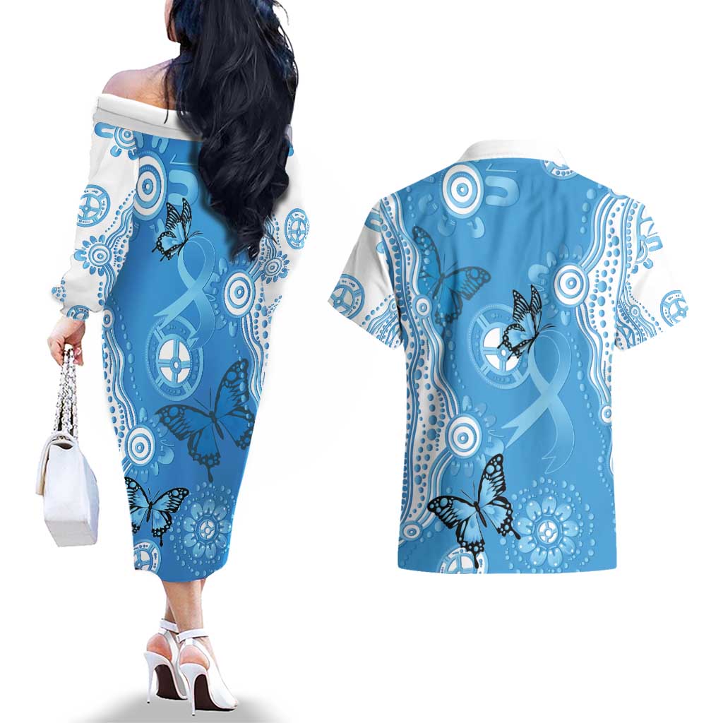 World Diabetes Day Australia Couples Matching Off The Shoulder Long Sleeve Dress and Hawaiian Shirt Blue Ribbon Butterfly Aboriginal Art - Aussie Hoodie