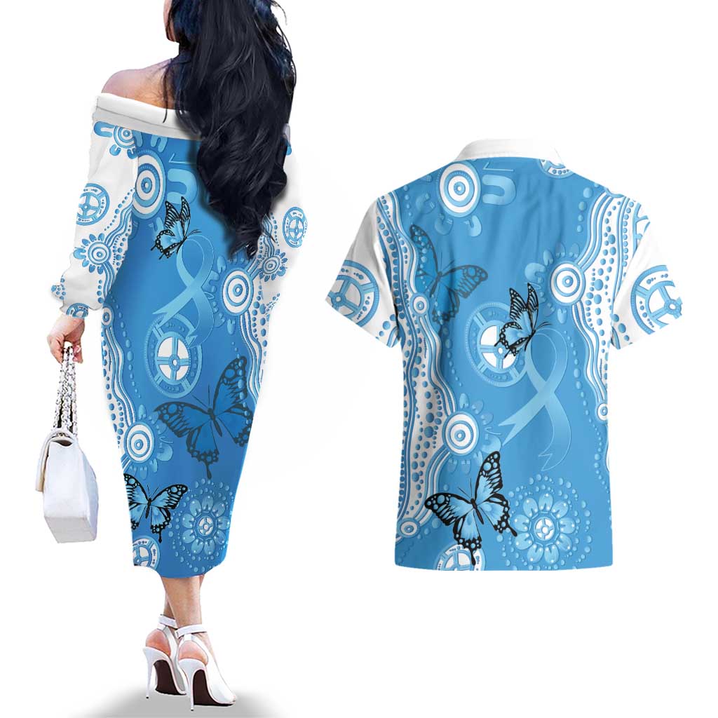 World Diabetes Day Australia Couples Matching Off The Shoulder Long Sleeve Dress and Hawaiian Shirt Blue Ribbon Butterfly Aboriginal Art - Aussie Hoodie