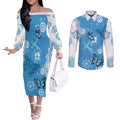 World Diabetes Day Australia Couples Matching Off The Shoulder Long Sleeve Dress and Long Sleeve Button Shirt Blue Ribbon Butterfly Aboriginal Art - Aussie Hoodie