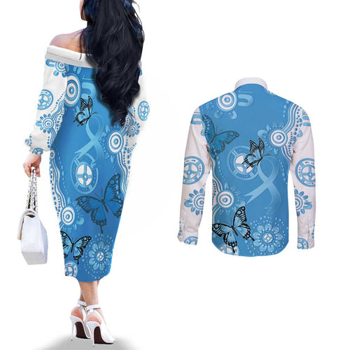 World Diabetes Day Australia Couples Matching Off The Shoulder Long Sleeve Dress and Long Sleeve Button Shirt Blue Ribbon Butterfly Aboriginal Art - Aussie Hoodie