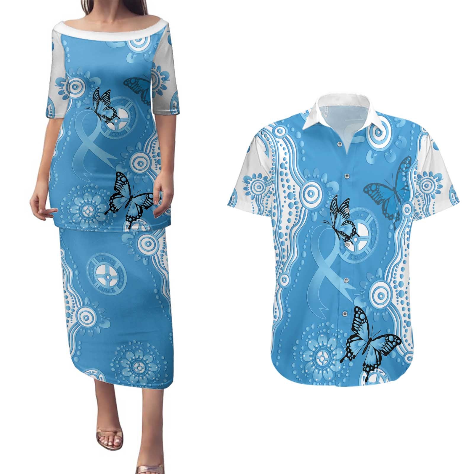 World Diabetes Day Australia Couples Matching Puletasi and Hawaiian Shirt Blue Ribbon Butterfly Aboriginal Art - Aussie Hoodie