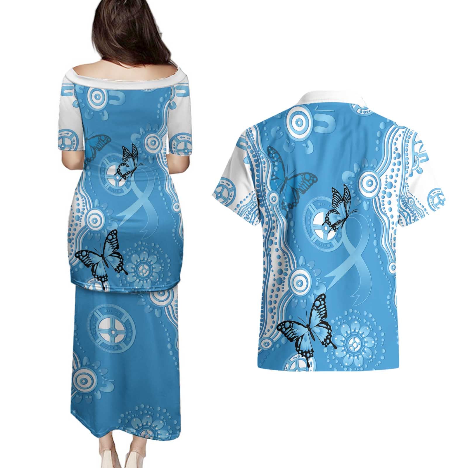 World Diabetes Day Australia Couples Matching Puletasi and Hawaiian Shirt Blue Ribbon Butterfly Aboriginal Art - Aussie Hoodie