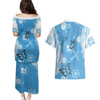 World Diabetes Day Australia Couples Matching Puletasi and Hawaiian Shirt Blue Ribbon Butterfly Aboriginal Art - Aussie Hoodie