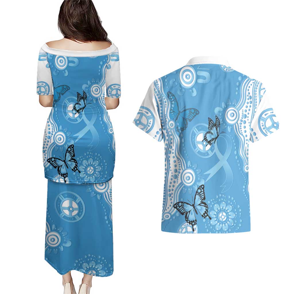 World Diabetes Day Australia Couples Matching Puletasi and Hawaiian Shirt Blue Ribbon Butterfly Aboriginal Art - Aussie Hoodie