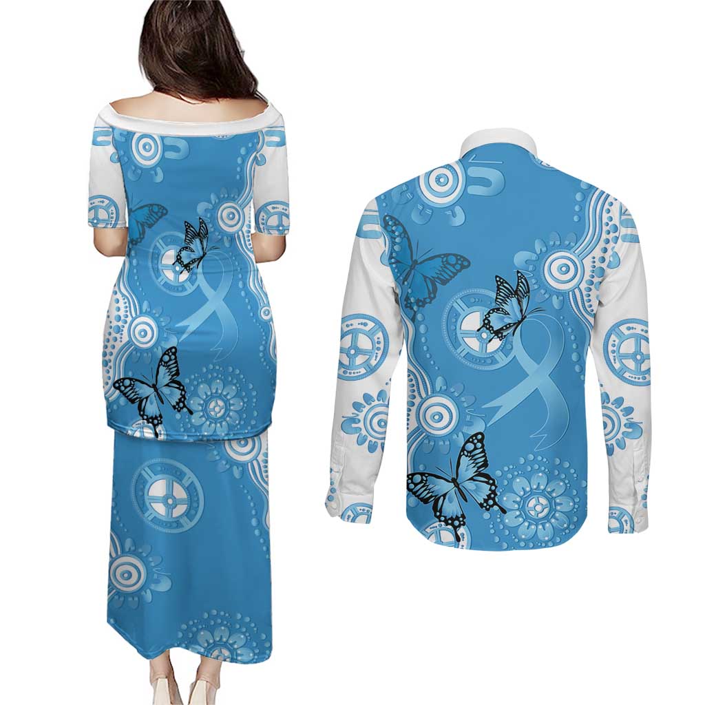 World Diabetes Day Australia Couples Matching Puletasi and Long Sleeve Button Shirt Blue Ribbon Butterfly Aboriginal Art - Aussie Hoodie