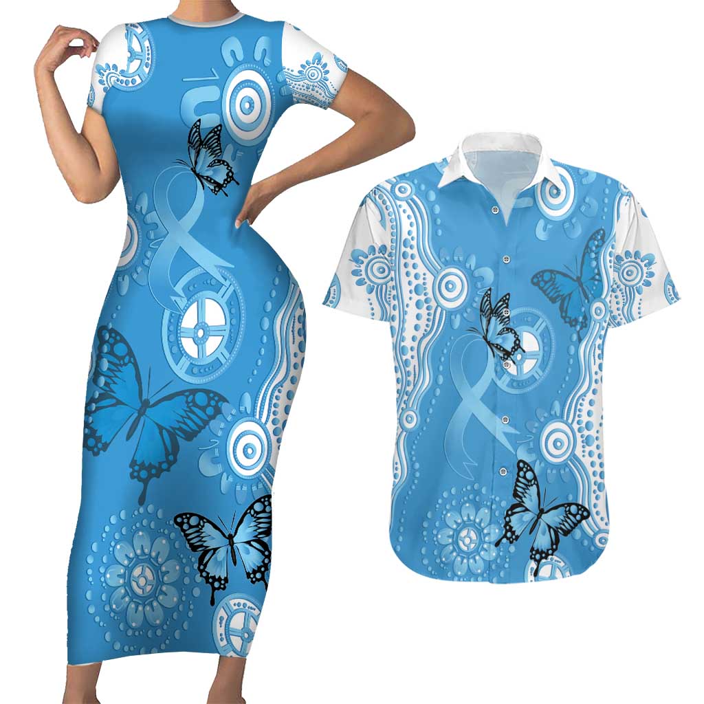 World Diabetes Day Australia Couples Matching Short Sleeve Bodycon Dress and Hawaiian Shirt Blue Ribbon Butterfly Aboriginal Art - Aussie Hoodie