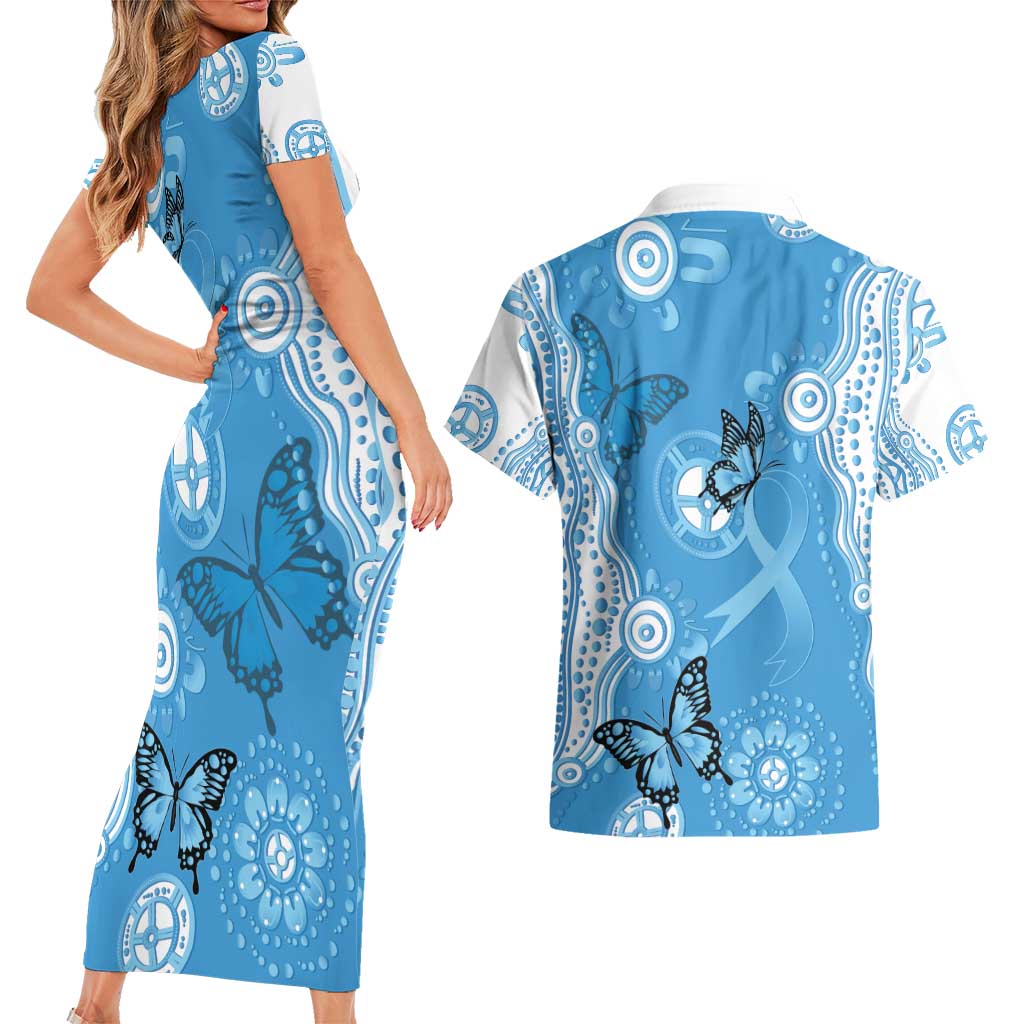 World Diabetes Day Australia Couples Matching Short Sleeve Bodycon Dress and Hawaiian Shirt Blue Ribbon Butterfly Aboriginal Art - Aussie Hoodie