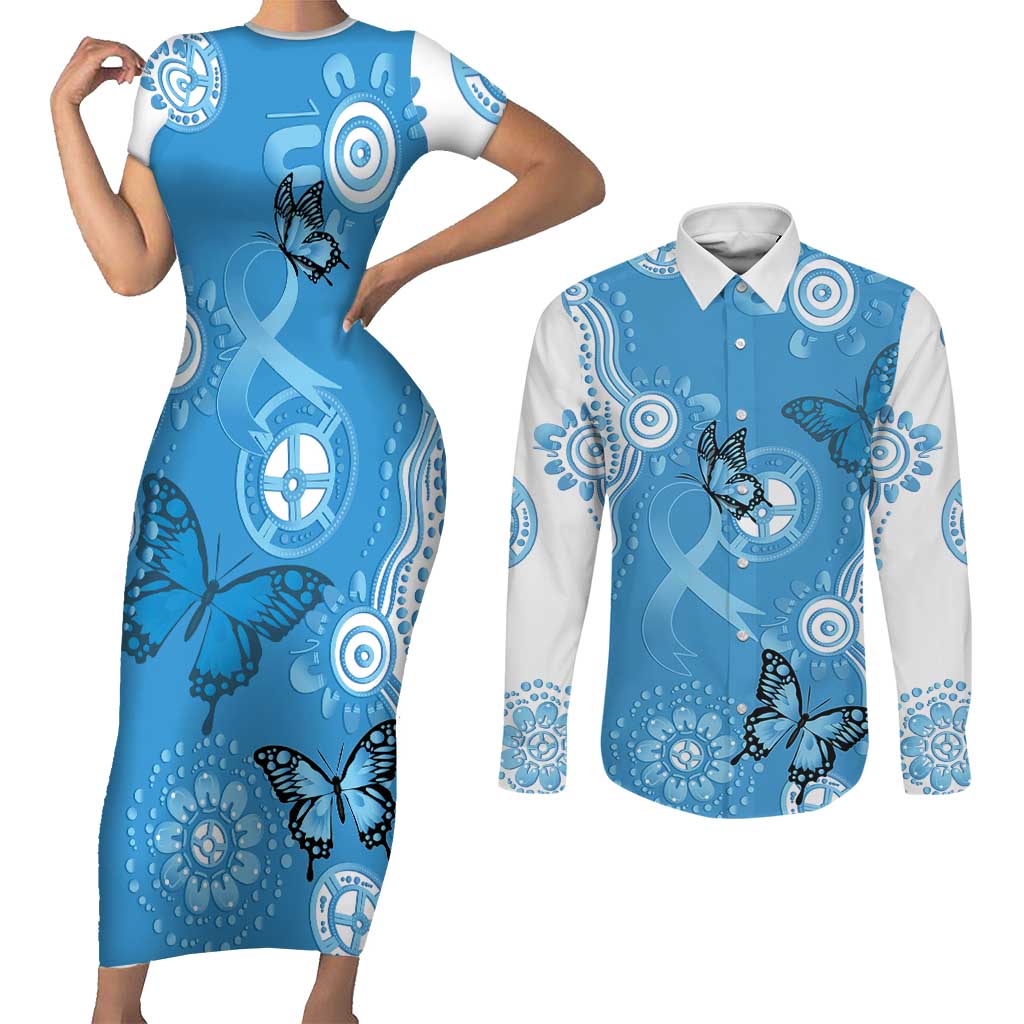 World Diabetes Day Australia Couples Matching Short Sleeve Bodycon Dress and Long Sleeve Button Shirt Blue Ribbon Butterfly Aboriginal Art - Aussie Hoodie