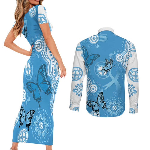 World Diabetes Day Australia Couples Matching Short Sleeve Bodycon Dress and Long Sleeve Button Shirt Blue Ribbon Butterfly Aboriginal Art - Aussie Hoodie