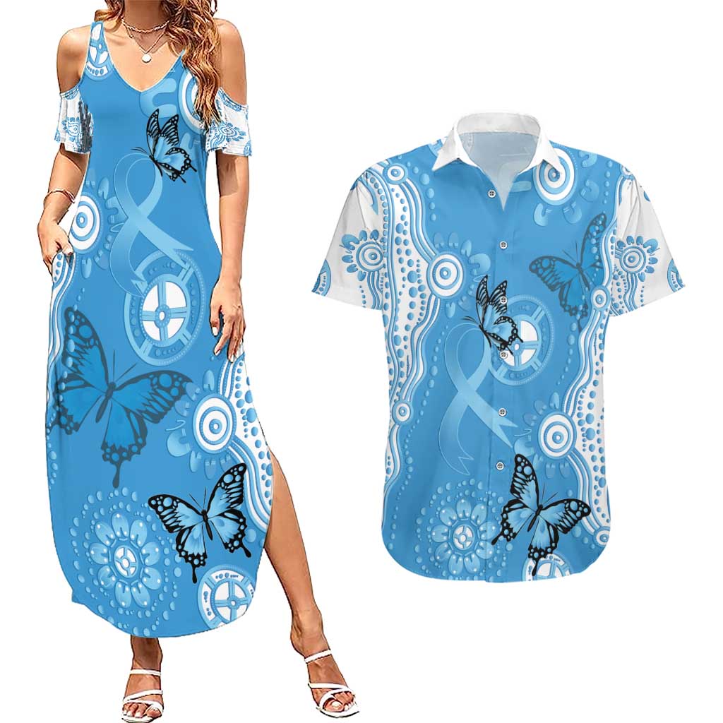 World Diabetes Day Australia Couples Matching Summer Maxi Dress and Hawaiian Shirt Blue Ribbon Butterfly Aboriginal Art - Aussie Hoodie