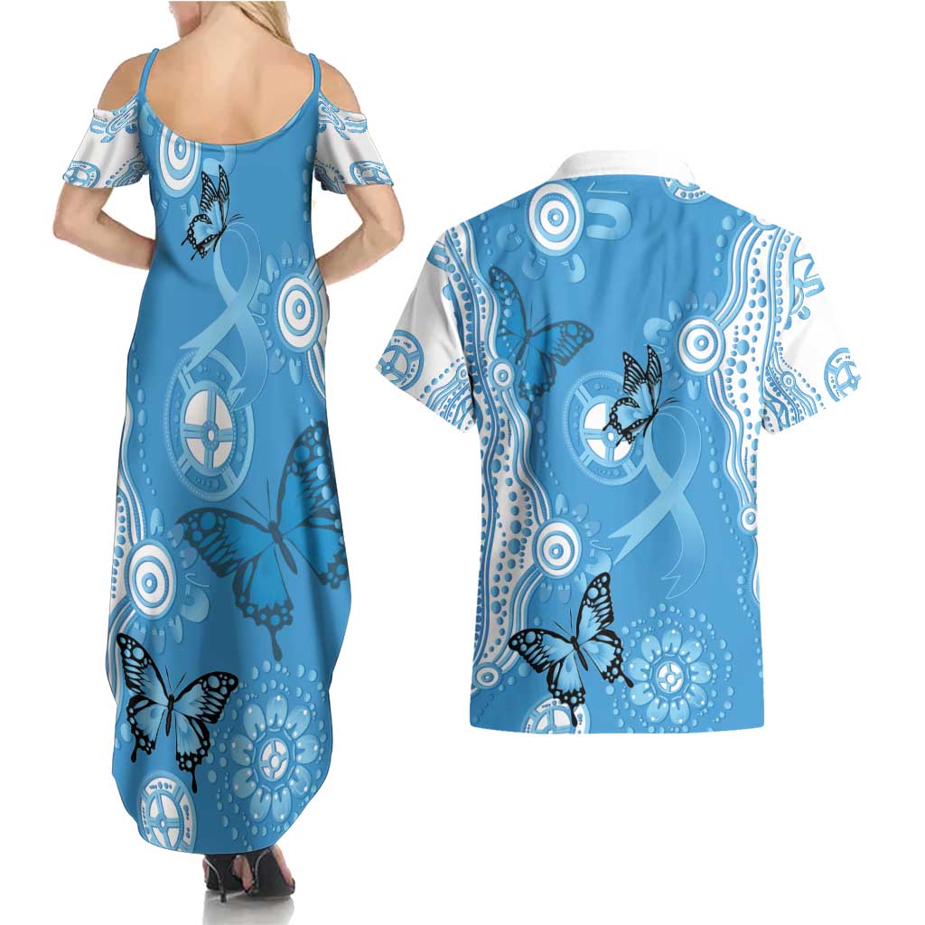 World Diabetes Day Australia Couples Matching Summer Maxi Dress and Hawaiian Shirt Blue Ribbon Butterfly Aboriginal Art - Aussie Hoodie