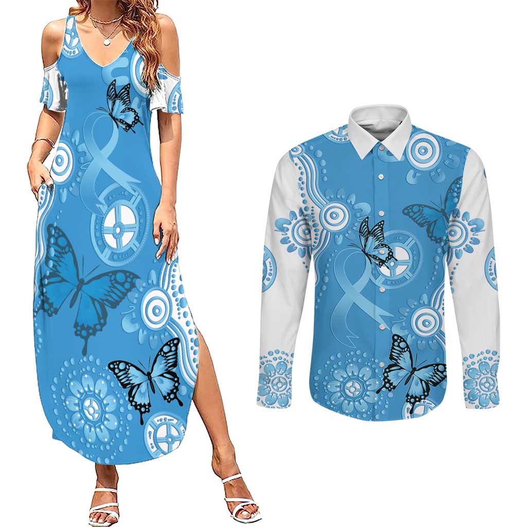 World Diabetes Day Australia Couples Matching Summer Maxi Dress and Long Sleeve Button Shirt Blue Ribbon Butterfly Aboriginal Art - Aussie Hoodie