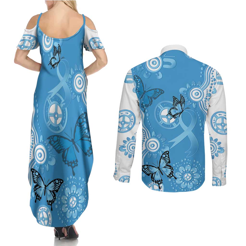 World Diabetes Day Australia Couples Matching Summer Maxi Dress and Long Sleeve Button Shirt Blue Ribbon Butterfly Aboriginal Art - Aussie Hoodie