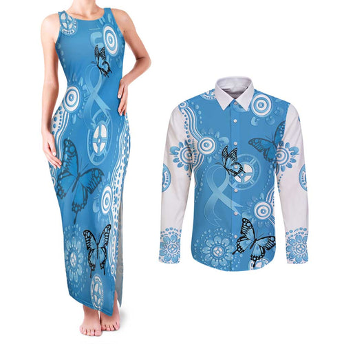 World Diabetes Day Australia Couples Matching Tank Maxi Dress and Long Sleeve Button Shirt Blue Ribbon Butterfly Aboriginal Art - Aussie Hoodie
