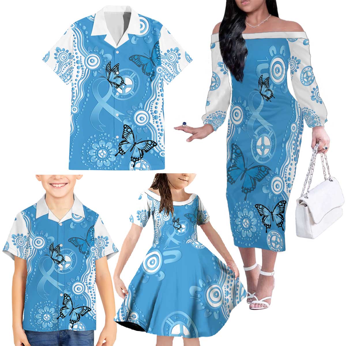 World Diabetes Day Australia Family Matching Off The Shoulder Long Sleeve Dress and Hawaiian Shirt Blue Ribbon Butterfly Aboriginal Art - Aussie Hoodie