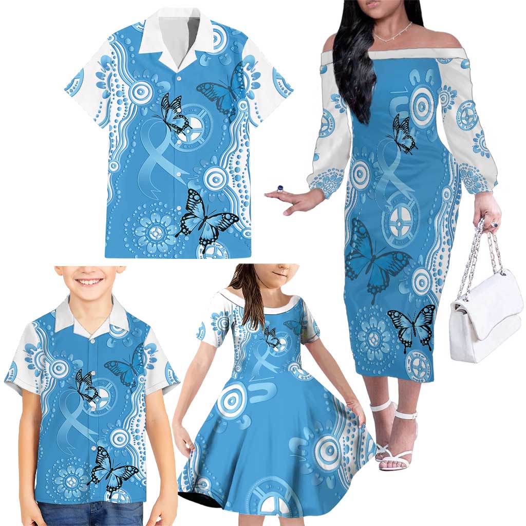World Diabetes Day Australia Family Matching Off The Shoulder Long Sleeve Dress and Hawaiian Shirt Blue Ribbon Butterfly Aboriginal Art - Aussie Hoodie
